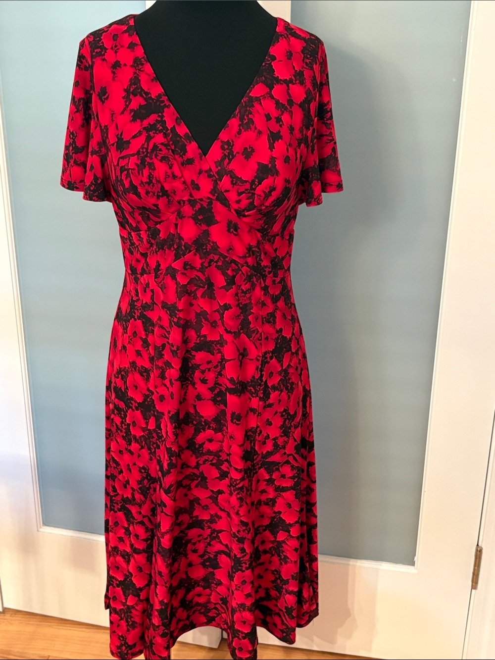 Chaps Red and Black Floral V-Neck Midi Dress